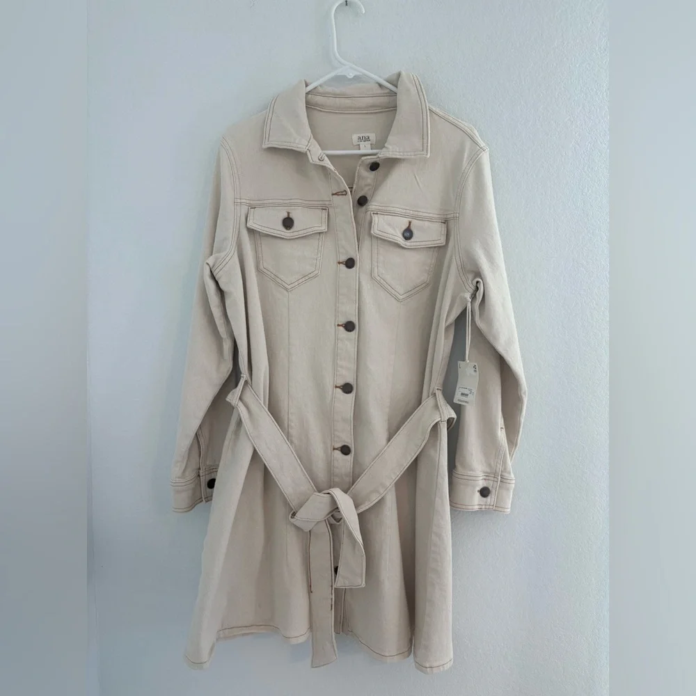 a.n.a Belted Denim Shirt Dress Ecru Size Large New NWT - Picture 2 of 14
